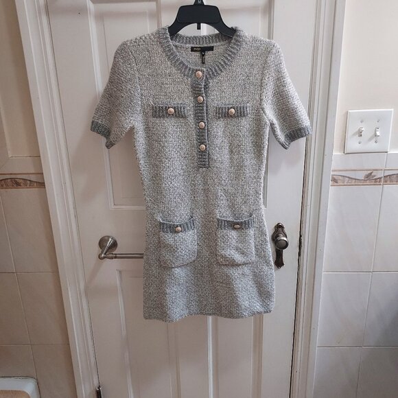 Maje Raveno Knit Sequined Silver Button Shirt Dress - Picture 1 of 8